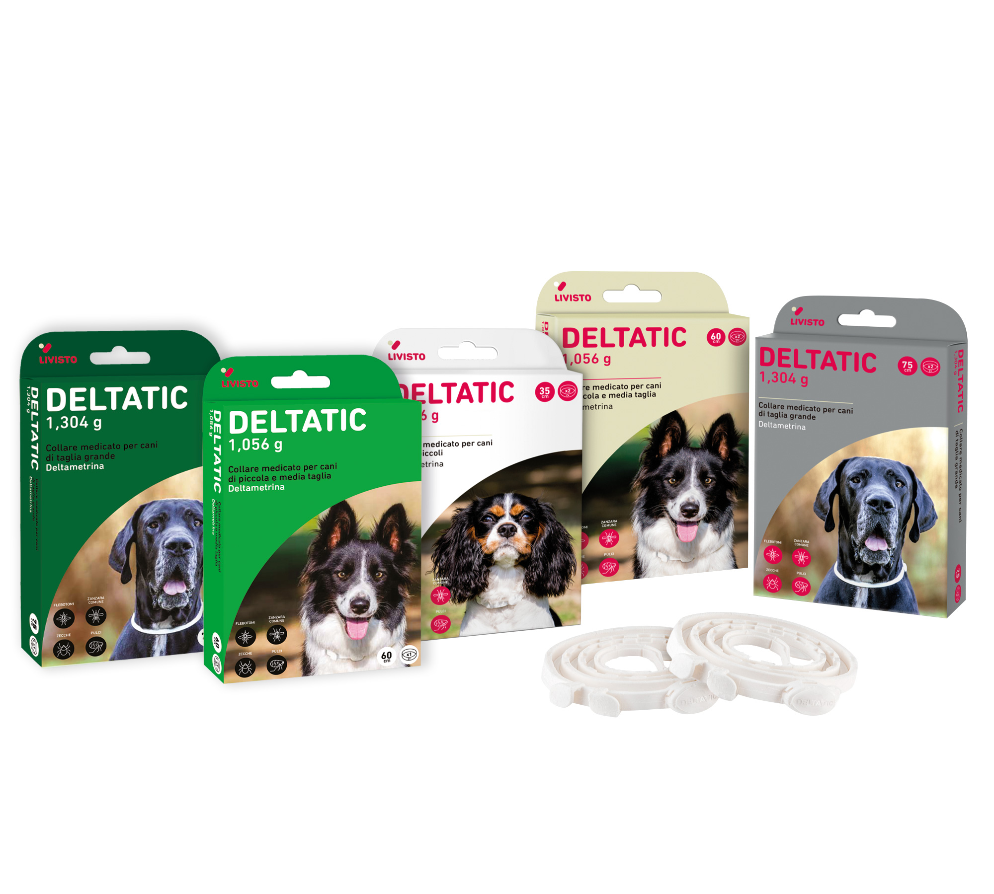 Confezioni Deltatic per cani di diverse taglie e collari